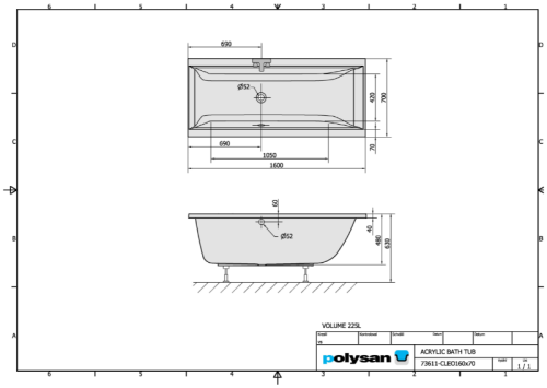 Wanna akrylowa prostokątna 160x70 cm CLEO 73611 Polysan rysunek
