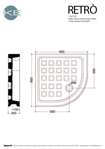 Brodzik prysznicowy półokrągły ceramiczny R55 90 x 90 cm RETRO 133901 Kerasan Rysunek techniczny