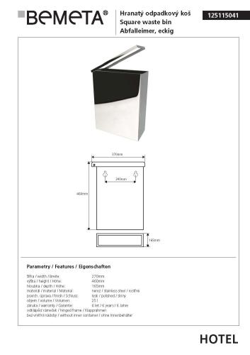 Kosz na śmieci 25l, wiszący, prostokątny, połysk 125115041 Bemeta wymiary