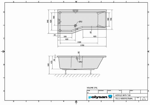 Wanna akrylowa asymetryczna 170x85 cm (lewa) VERSYS 70111 Polysan rysunek