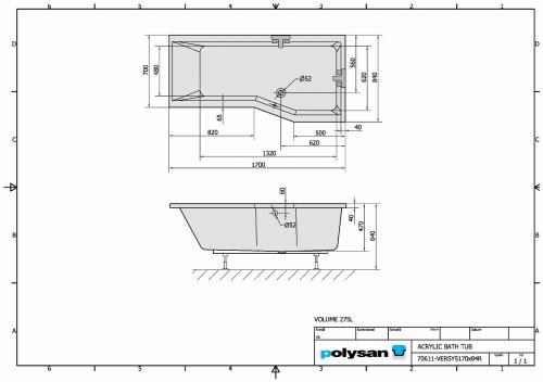 Wanna akrylowa asymetryczna 170x85 cm (prawa) VERSYS 70611 Polysan rysunek