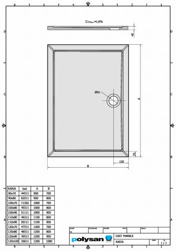 Brodzik prysznicowy prostokątny kompozytowy 120 x 100 cm KARIA 26611 Polysan Rysunek techniczny