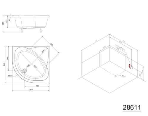 Brodzik prysznicowy półokrągły akrylowy R55 90 x 90 cm wysoki SELMA 28611 Polysan Rysunek techniczny