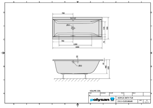 Wanna akrylowa prostokątna 180x90 cm CLEO 13111 Polysan  rysunek