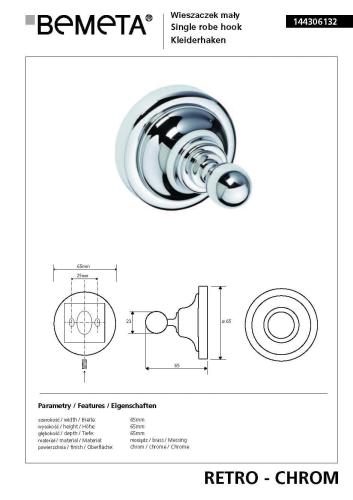 Wieszaczek chrom połysk RETRO 144306132 Bemeta wymiary