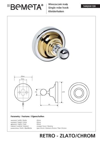 Wieszaczek chrom - złoto RETRO 144206138 Bemeta wymiary