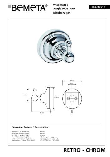 Wieszaczek chrom połysk RETRO 144306012 Bemeta wymiary