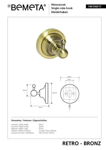 Wieszaczek brąz RETRO 144106017 Bemeta wymiary
