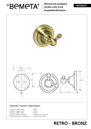 Wieszaczek brąz 144106037 RETRO Bemeta wymiary
