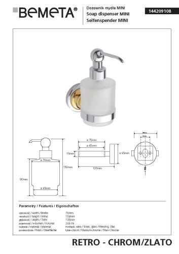 Dozownik do mydła 200 ml MINI chrom - złoto RETRO 144209108 Bemeta wymiary