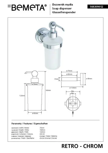 Dozownik do mydła 300 ml chrom połysk RETRO 144309012 Bemeta wymiary