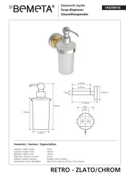 Dozownik do mydła 300 ml chrom - złoto RETRO 144209018 Bemeta wymiary
