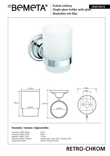 Kubek szklany chrom połysk RETRO 144310012 Bemeta wymiary