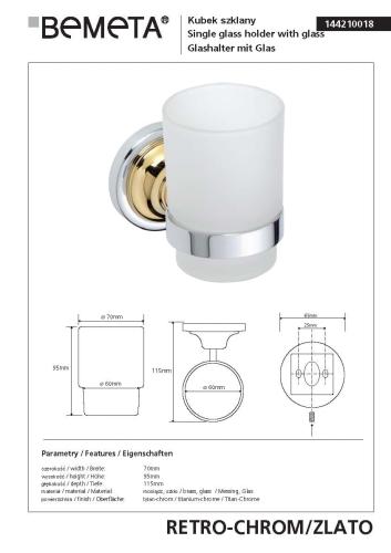 Kubek szklany chrom - złoto RETRO 144210018 Bemeta wymiary