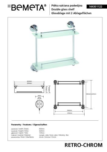 Półka szklana podwójna z relingiem 40 x 42 cm chrom połysk RETRO 144301122 Bemeta wymiary