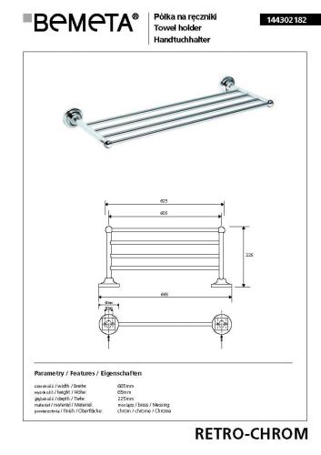 Półka na ręczniki 60,5 cm chrom połysk RETRO 144302182 Bemeta wymiary