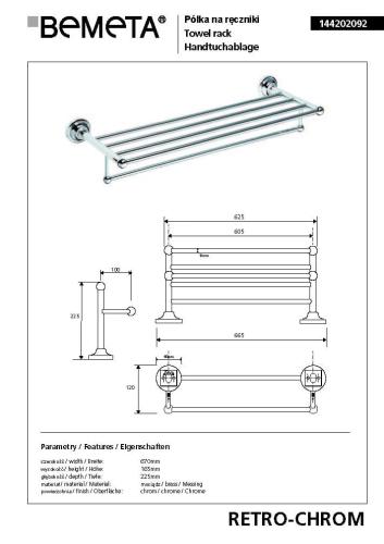 Półka na ręczniki z wieszakiem 60,5 cm chrom połysk RETRO 144302092 Bemeta wymiary