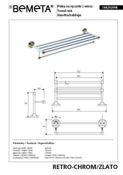 Półka na ręczniki z wieszakiem 60,5 cm chrom - złoto RETRO 144202098 Bemeta wymiary