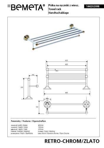 Półka na ręczniki z wieszakiem 60,5 cm chrom - złoto RETRO 144202098 Bemeta wymiary
