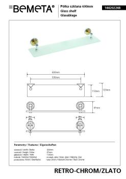 Półka szklana 60 cm chrom - złoto RETRO 144202248 Bemeta wymiary