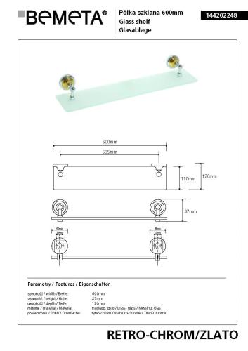 Półka szklana 60 cm chrom - złoto RETRO 144202248 Bemeta wymiary