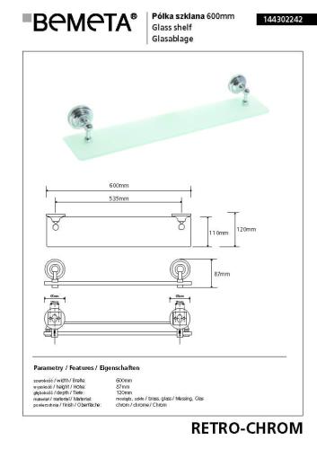 Półka szklana 60 cm chrom połysk RETRO 144302242 Bemeta wymiary