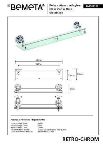 Półka szklana z relingiem 60 cm chrom połysk RETRO 144302262 Bemeta wymiary