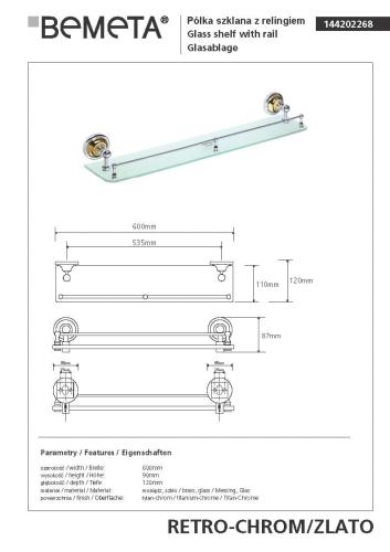 Półka szklana z relingiem 60 cm chrom - złoto RETRO 144202268 Bemeta wymiary