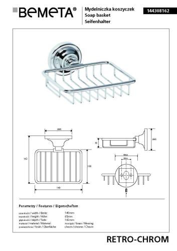 Mydelniczka koszyczek chrom połysk RETRO 144308162 Bemeta wymiary