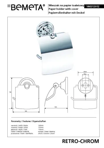 Wieszak na papier toaletowy chrom połysk RETRO 144312012 Bemeta wymiary