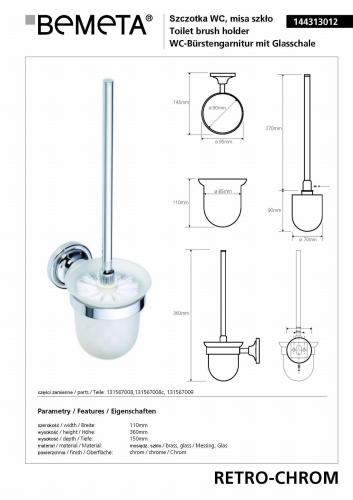 Szczotka WC wisząca chrom połysk RETRO 144313012 Bemeta wymiary