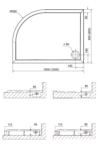 Brodzik prysznicowy półokrągły kompozytowy 100 x 80 cm lewy RENA L 75511 Polysan Rysunek techniczny