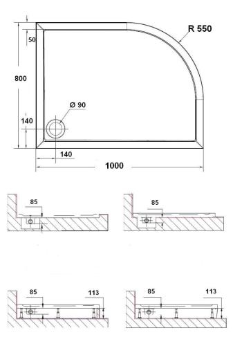 Brodzik prysznicowy półokrągły kompozytowy 100 x 80 cm lewy RENA L 75511 Polysan Rysunek techniczny