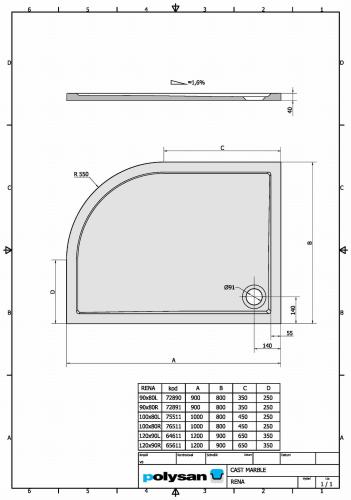 Brodzik prysznicowy półokrągły kompozytowy 100 x 80 cm lewy RENA L 75511 Polysan Karta techniczna