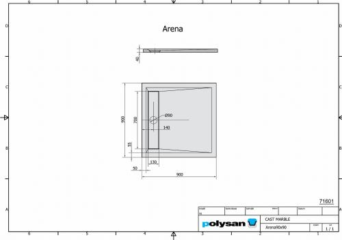Brodzik prysznicowy kwadratowy kompozytowy 90 x 90 cm z odpływem liniowym ARENA 71601 Polysan Rysunek techniczny