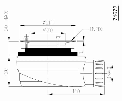 Syfon do brodzika prysznicowego z odpływem liniowym fi 90 mm stal nierdzewna niski 71672 Polysan Rysunek techniczny