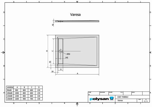 Brodzik prysznicowy prostokątny kompozytowy 90 x 80 cm z odpływem liniowym VARESA 71606 Polysan Rysunek techniczny