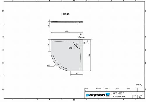 Brodzik prysznicowy półokrągły kompozytowy 90 x 90 cm z odpływem liniowym LUSSA 71602 Polysan Rysunek techniczny