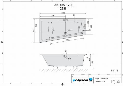 Wanna akrylowa asymetryczna 170x90 cm (lewa) ANDRA 81111 Polysan rysunek