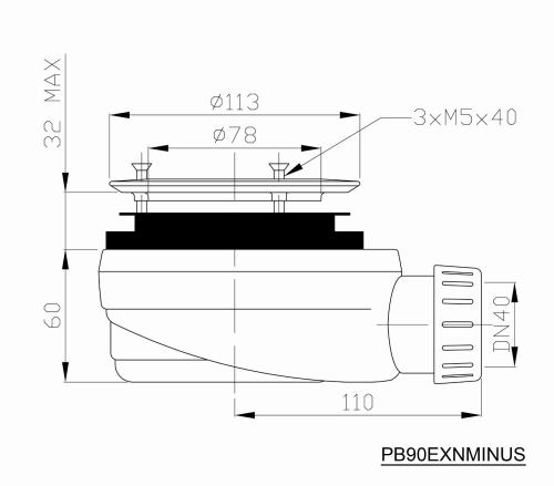 Syfon do brodzika prysznicowego fi 90 mm niski PB90EXNMINUS Gelco Rysunek techniczny i wymiary