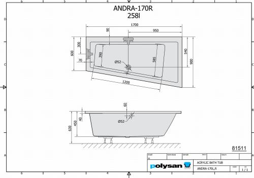 Wanna akrylowa asymetryczna 170 x 90 cm (prawa) ANDRA 81511 Polysan rysunek