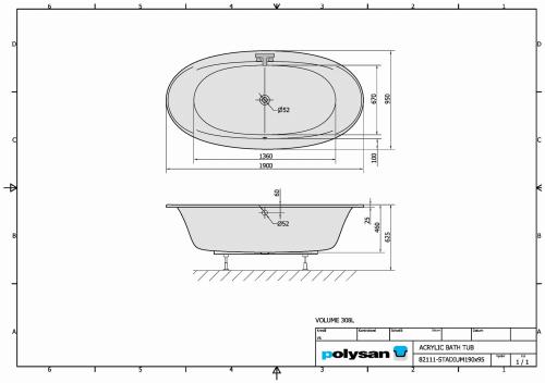 Wanna akrylowa owalna 190x95 cm STADIUM 82111 Polysan rysunek