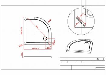 Brodzik prysznicowy półokrągły starylowy R55 90 x 90 cm SMC SC9090R Sanotechnik Rysunek techniczny
