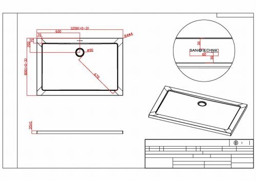 Brodzik prysznicowy prostokątny starylowy 80 x 120 cm SMC SC1280S Sanotechnik Rysunek techniczny