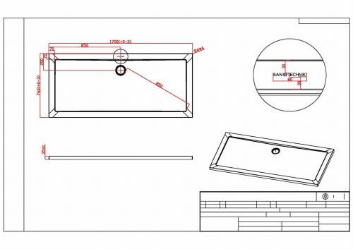 Brodzik prysznicowy prostokątny starylowy 170 x 76 cm SMC SC1776S Sanotechnik Rysunek techniczny