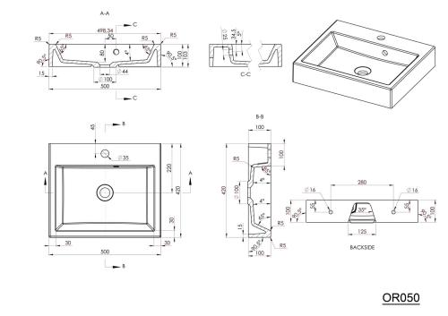 Umywalka kompozytowa nablatowa 50 x 42 cm biały ORINOKO OR050 Sapho rysunek