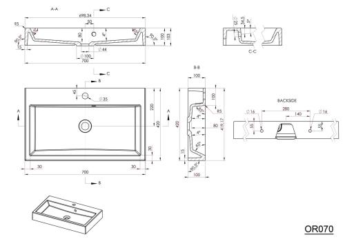 Umywalka kompozytowa nablatowa 70 x 42 cm biały ORINOKO OR070 Sapho rysunek