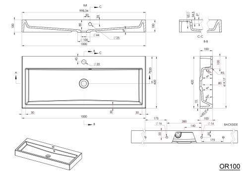 Umywalka kompozytowa meblowa 100 x 42 cm biały ORINOKO OR100 Sapho rysunek
