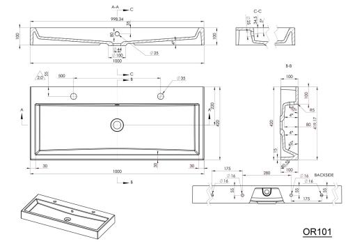 Umywalka kompozytowa podwójna 100 x 42 cm biały ORINOKO OR101 Sapho rysunek