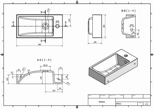 Umywalka kompozytowa mała 50 x 25 cm biały lewa ARIANA SM012 Sapho rysunek